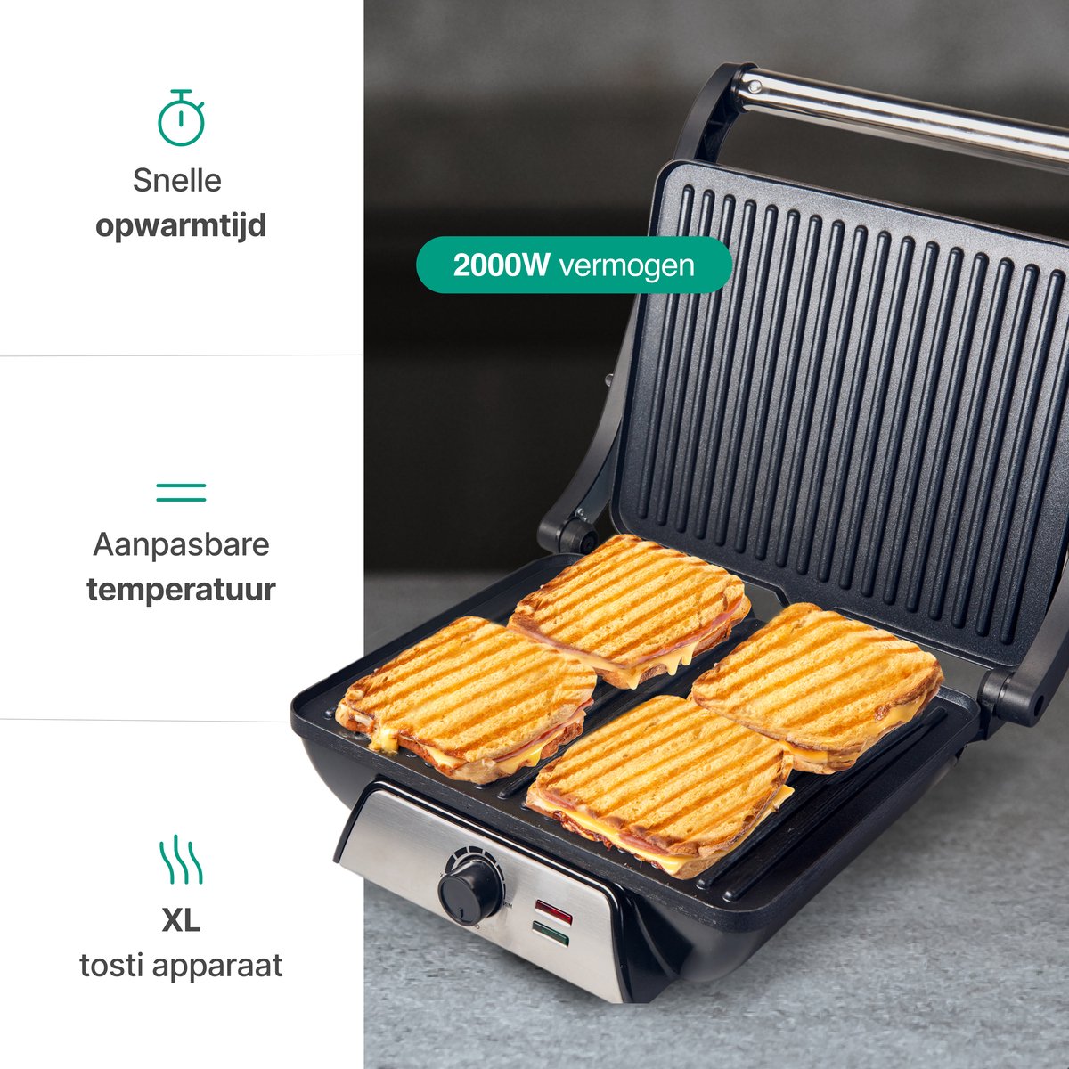 Tosti Apparaat XL voor 4 Tosti's met Temperatuurregeling