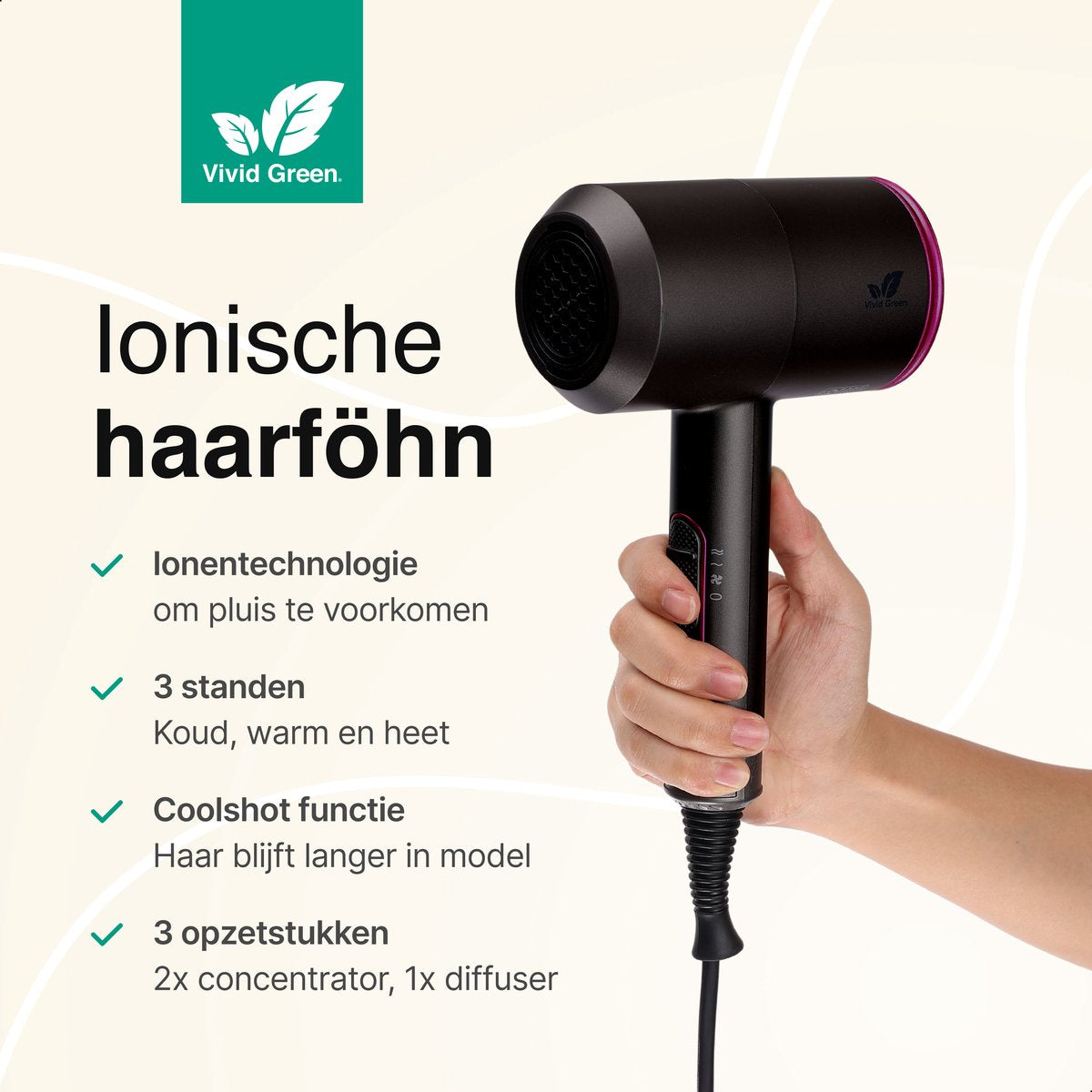 Vivid Green Föhn met Diffuser en Coolshot Technologie Zwart