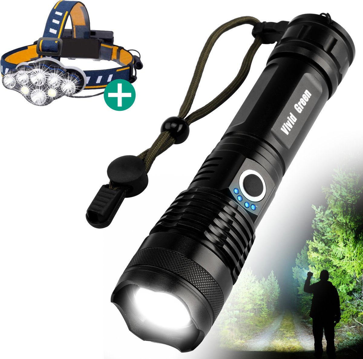 Vivid Green Militaire LED zaklamp met hoofdlamp