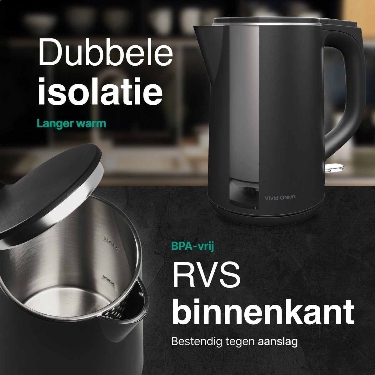 Vivid Green Waterkoker Dubbelwandig 2200W